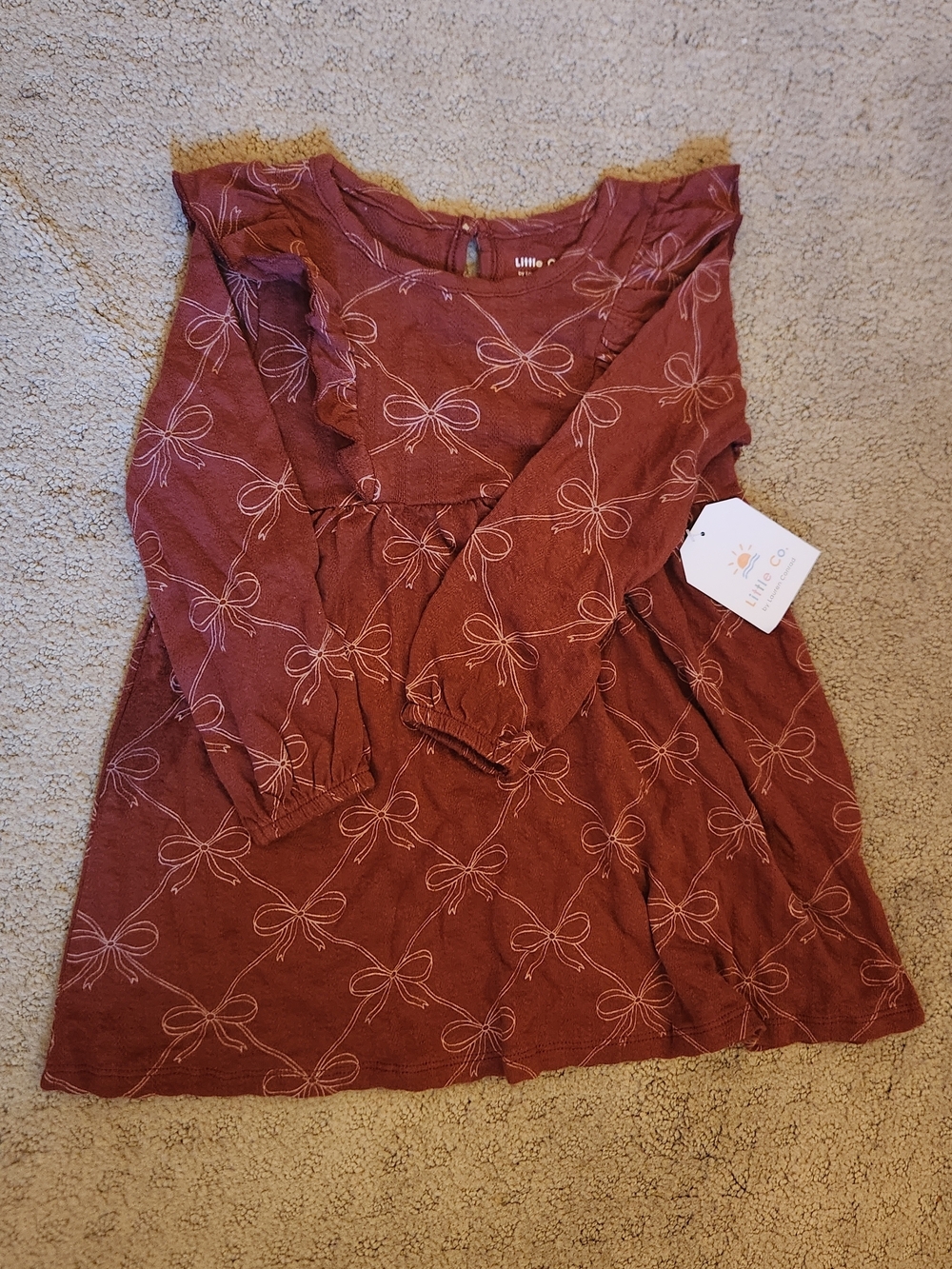 Girls' Rust Bow-Print Long Sleeve Dress